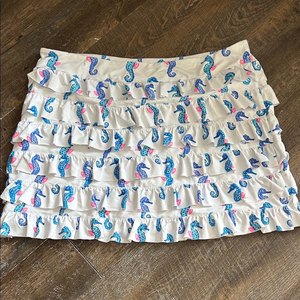 Lulu-B Cha Cha Ruffle Tiered Skort  UPF50+  Excellent Blue & Pink Seahorse 2X